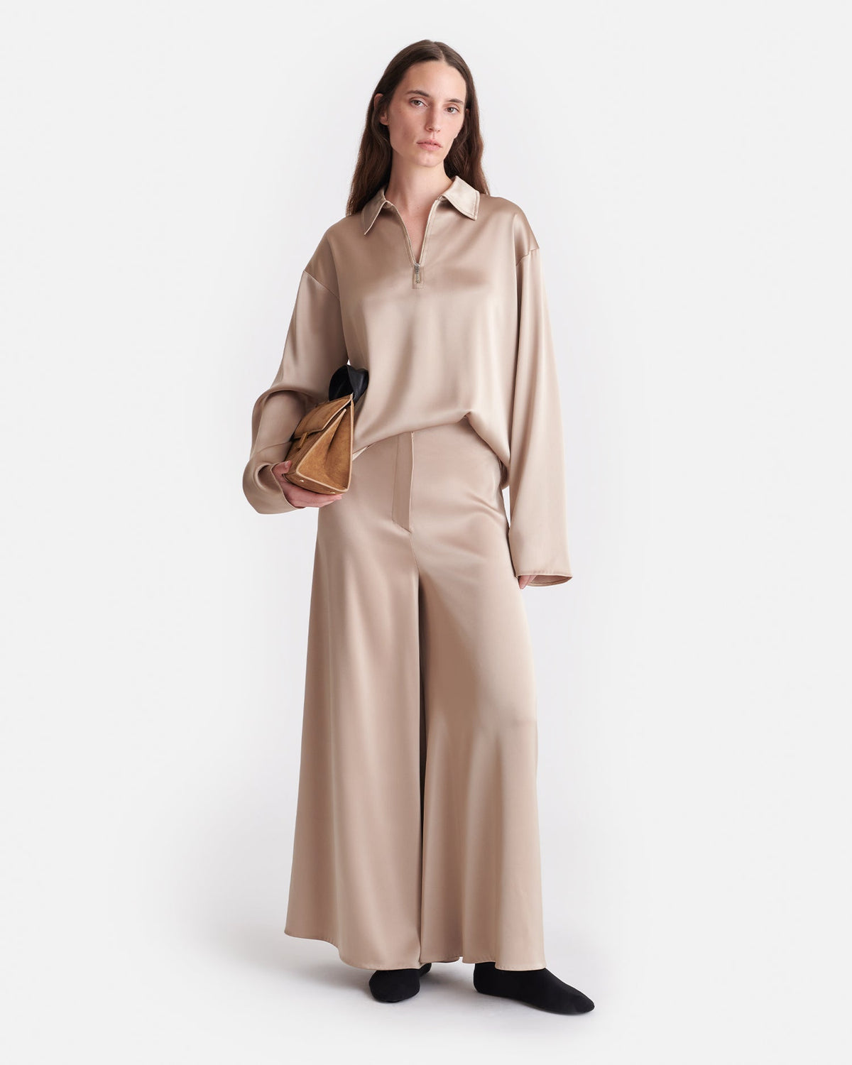 Zaniah Slip Satin Wide-Leg Pants - Dune | Nanushka