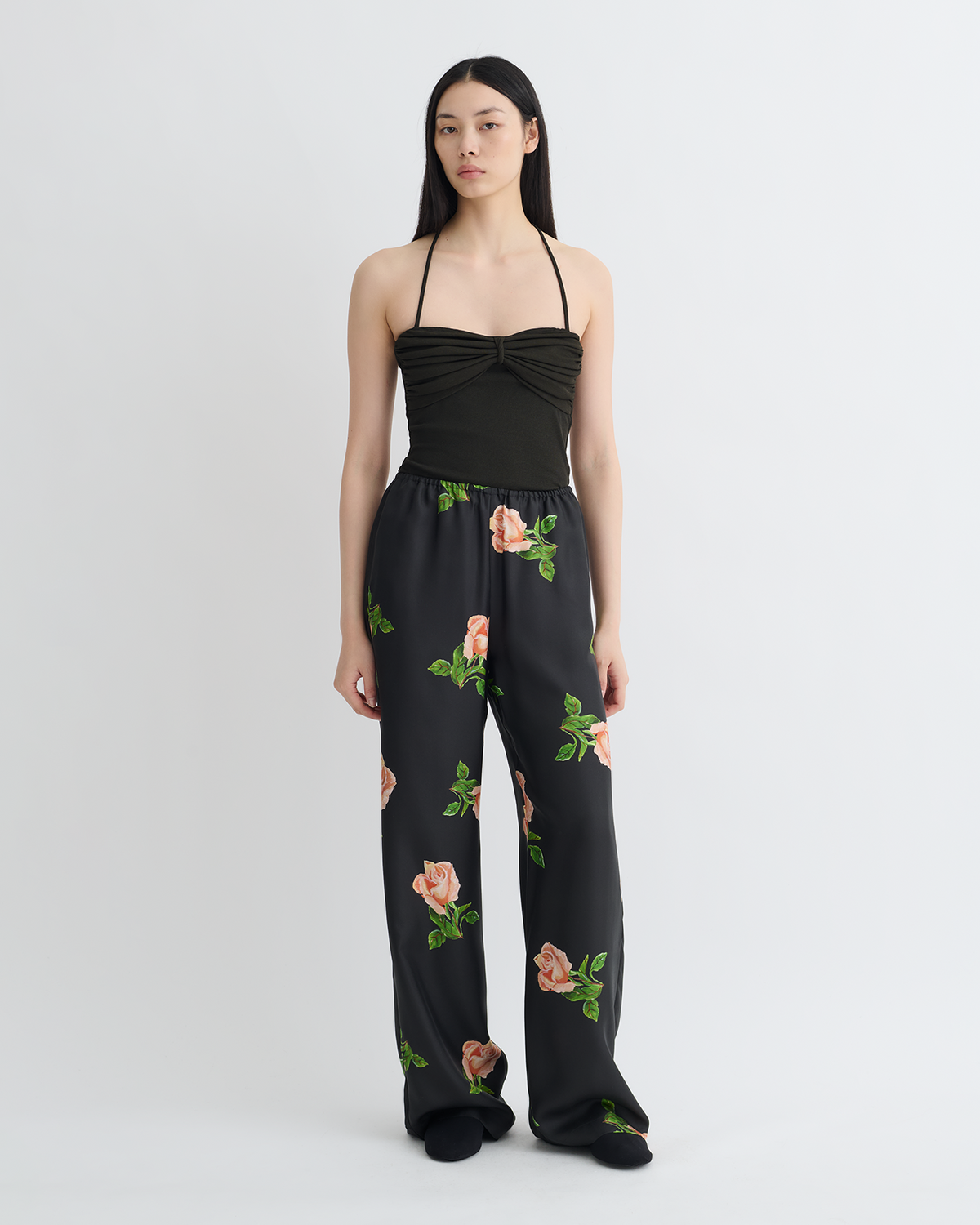 Arvenn Printed Silk Twill Pants - Off Black/Roses | Nanushka