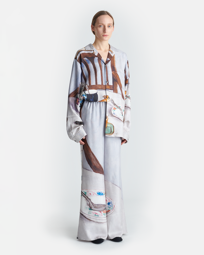 Milon Printed Flared Silk Twill Pants - Poppyseed Cake | Nanushka