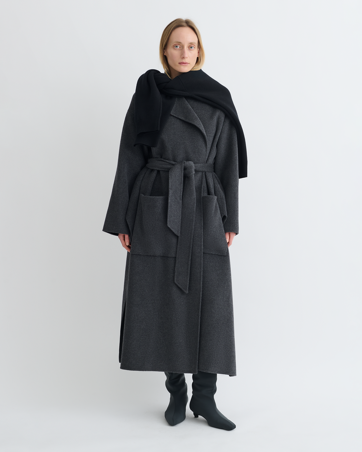 Salima Double Wool Robe Coat - Grey Melange | Nanushka