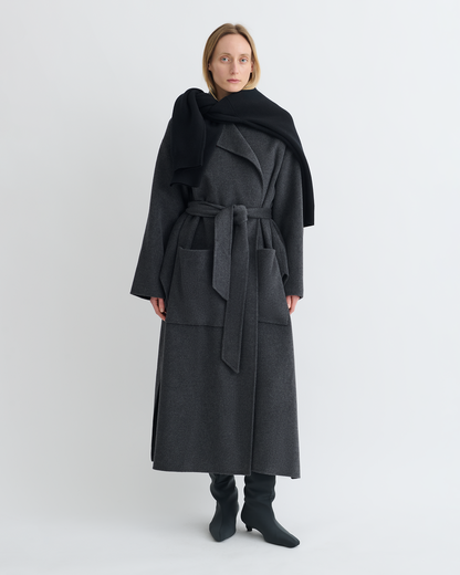 Salima Double Wool Robe Coat - Grey Melange | Nanushka