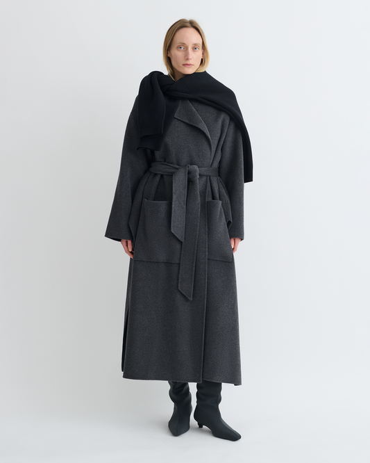 Salima Double Wool Robe Coat - Grey Melange | Nanushka