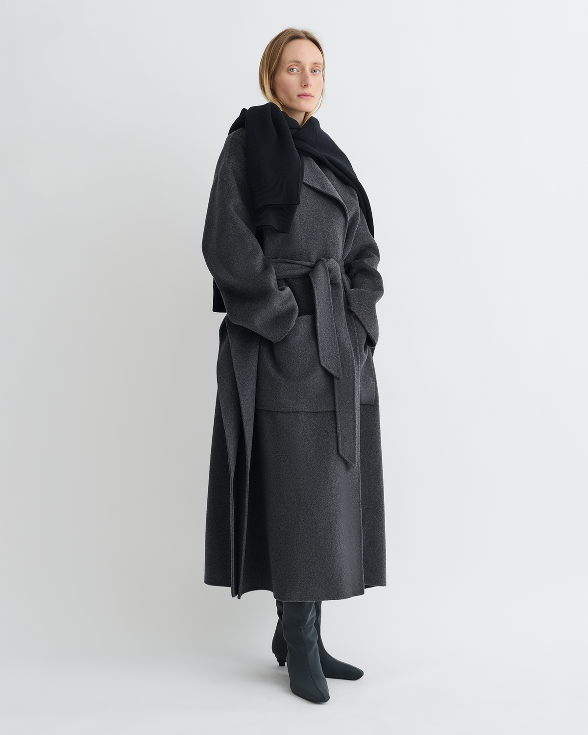 Salima Double Wool Robe Coat - Grey Melange | Nanushka