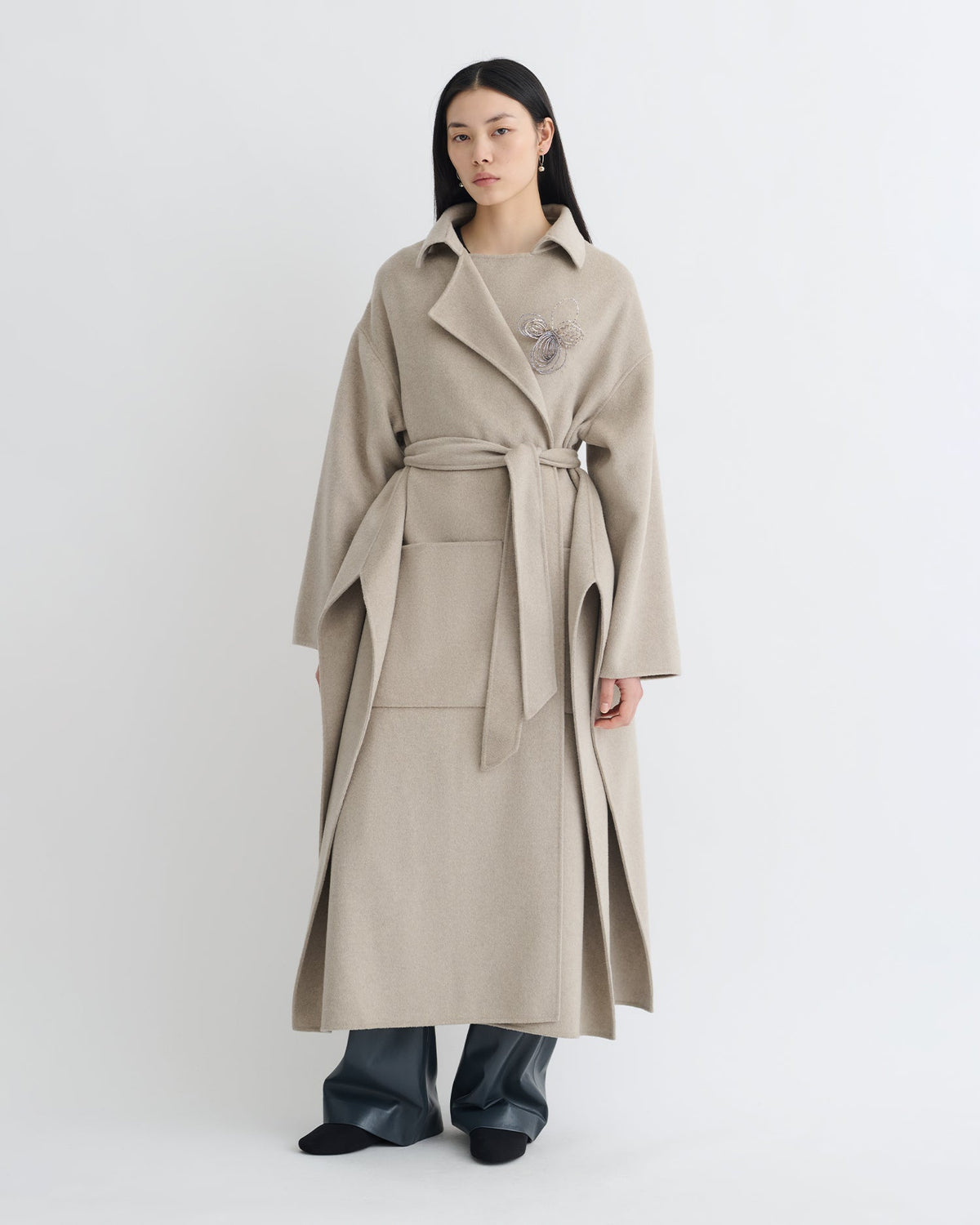 Salima Double Wool Robe Coat - Stone | Nanushka