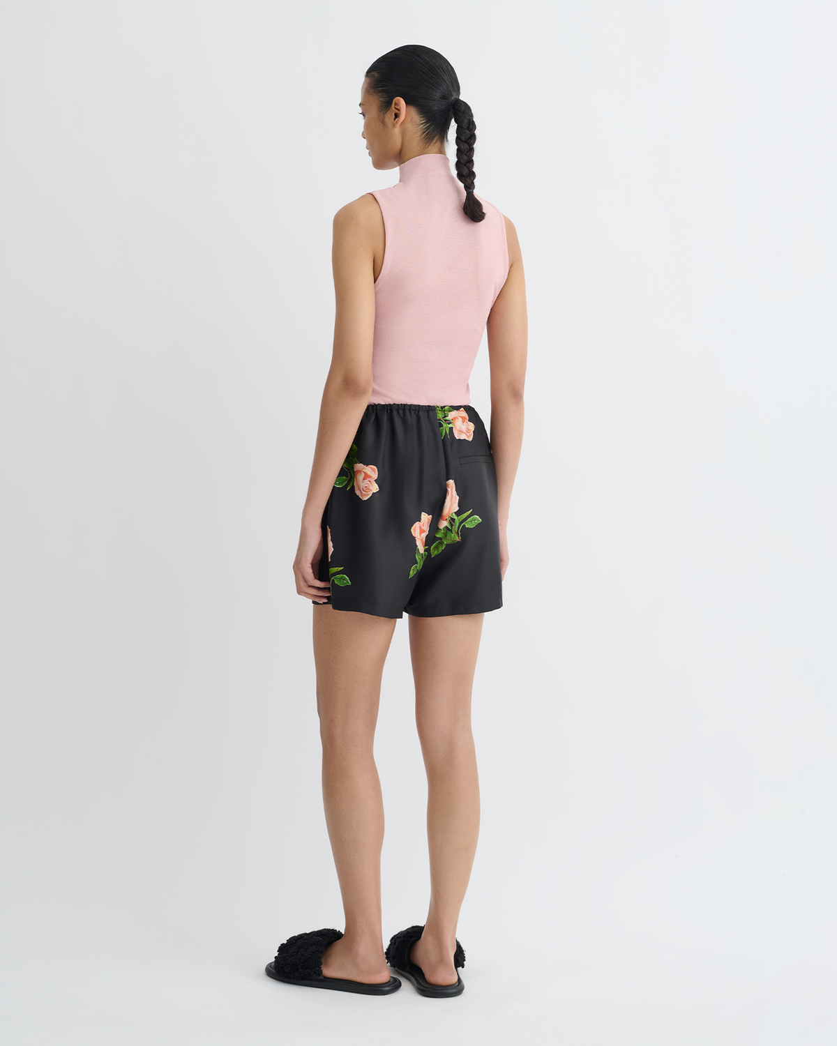 Dylla Printed Tailored Silk Twill Shorts - Off Black/Roses | Nanushka