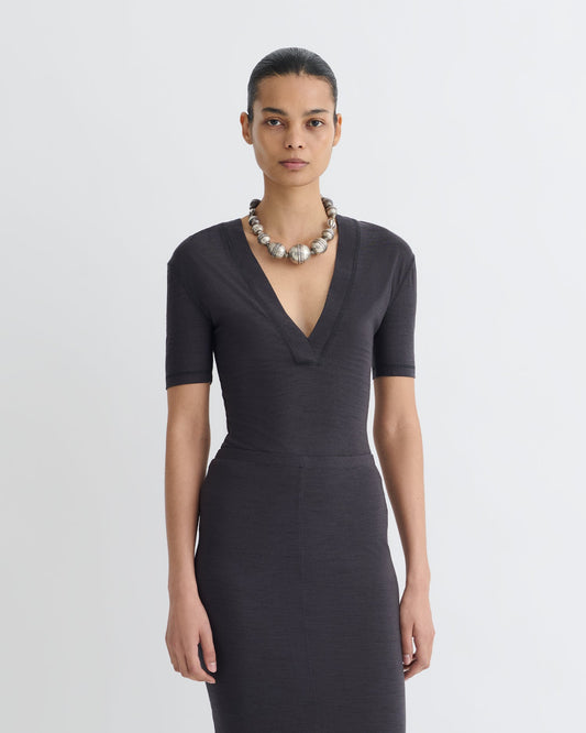Akka Wool Jersey Henley Top - Grey | Nanushka