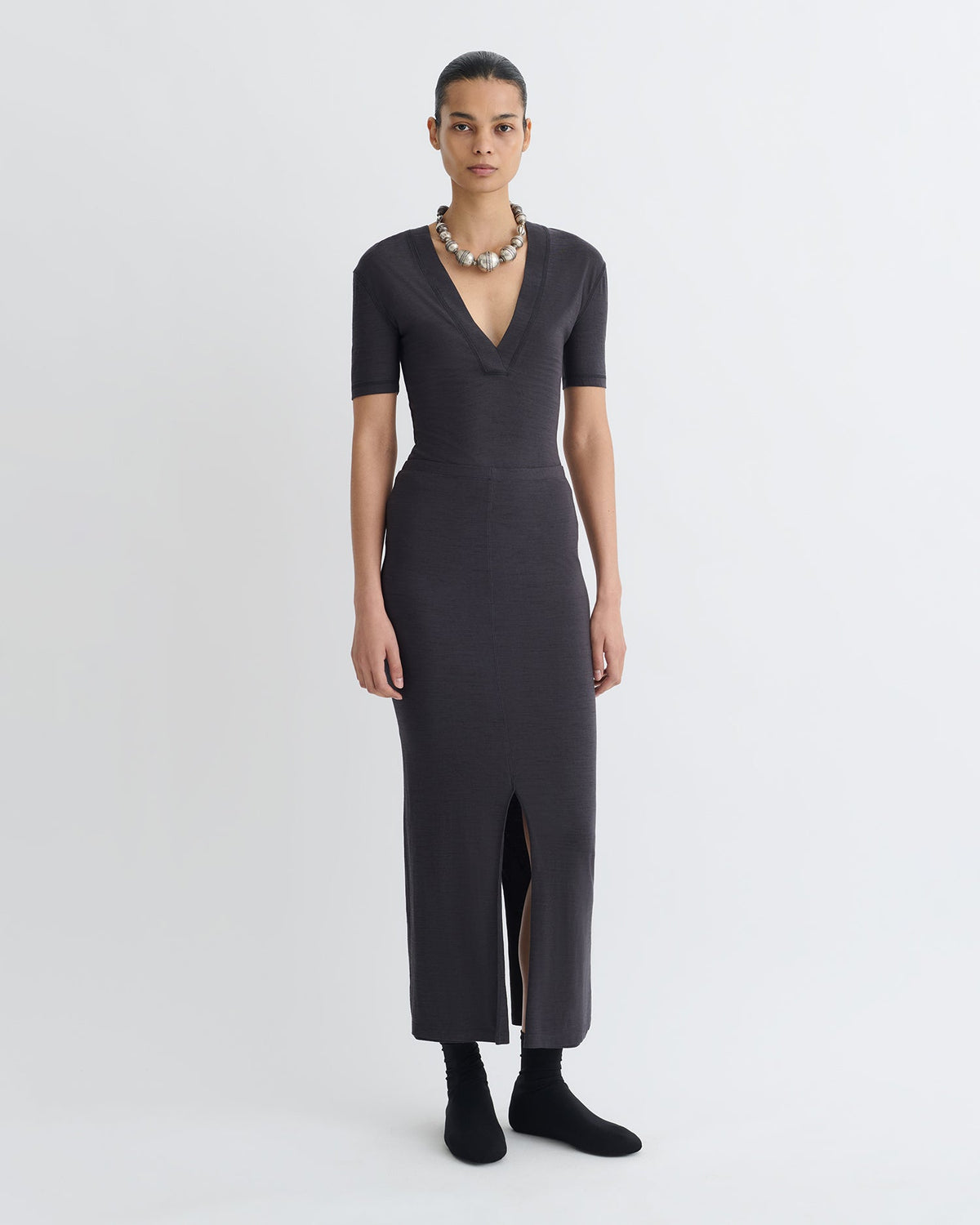 Akka Wool Jersey Henley Top - Grey | Nanushka