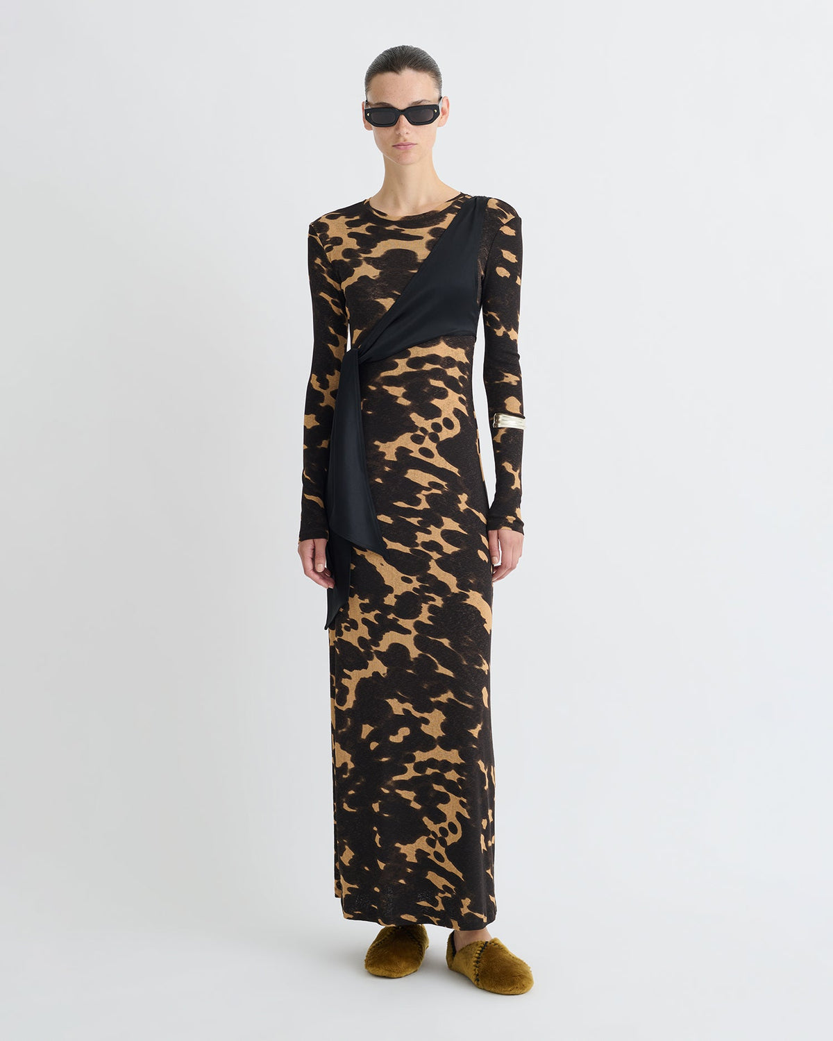 Yura Mesh Jersey/Slip Satin Long Dress - Midnight Mocha Apricot/Blac | Nanushka