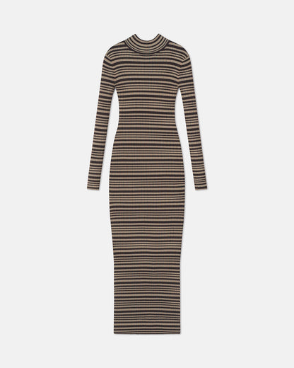 Mirell Fine Merino Rib Long Dress - Black/Brown/Green Stripe | Nanushka
