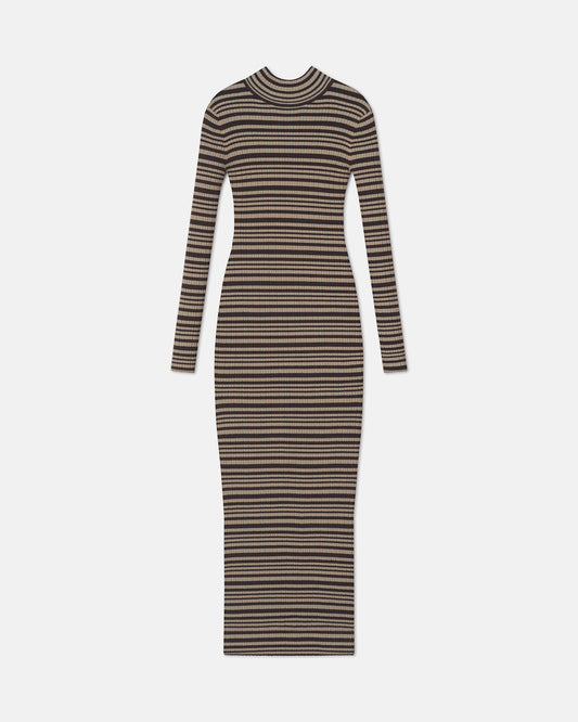 Mirell Fine Merino Rib Long Dress - Black/Brown/Green Stripe | Nanushka
