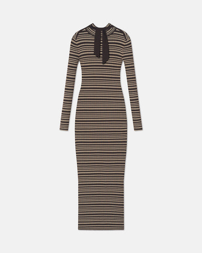 Mirell Fine Merino Rib Long Dress - Black/Brown/Green Stripe | Nanushka