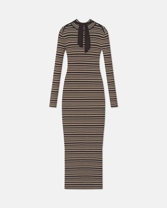 Mirell Fine Merino Rib Long Dress - Black/Brown/Green Stripe | Nanushka