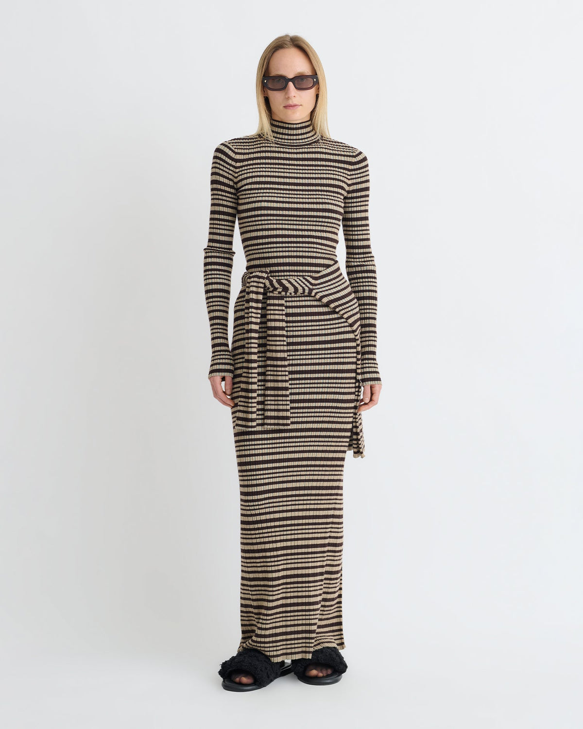 Mirell Fine Merino Rib Long Dress - Black/Brown/Green Stripe | Nanushka