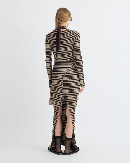Mirell Fine Merino Rib Long Dress - Black/Brown/Green Stripe | Nanushka