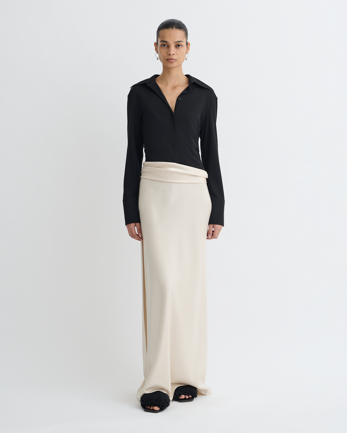 Scylla Mesh Jersey and Slip Satin Dress - Creme/Black | Nanushka