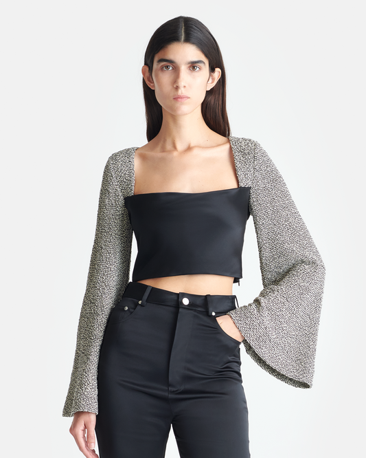 Tasula Slip Satin and Loopback Cotton Top - Black/Mouline | Nanushka