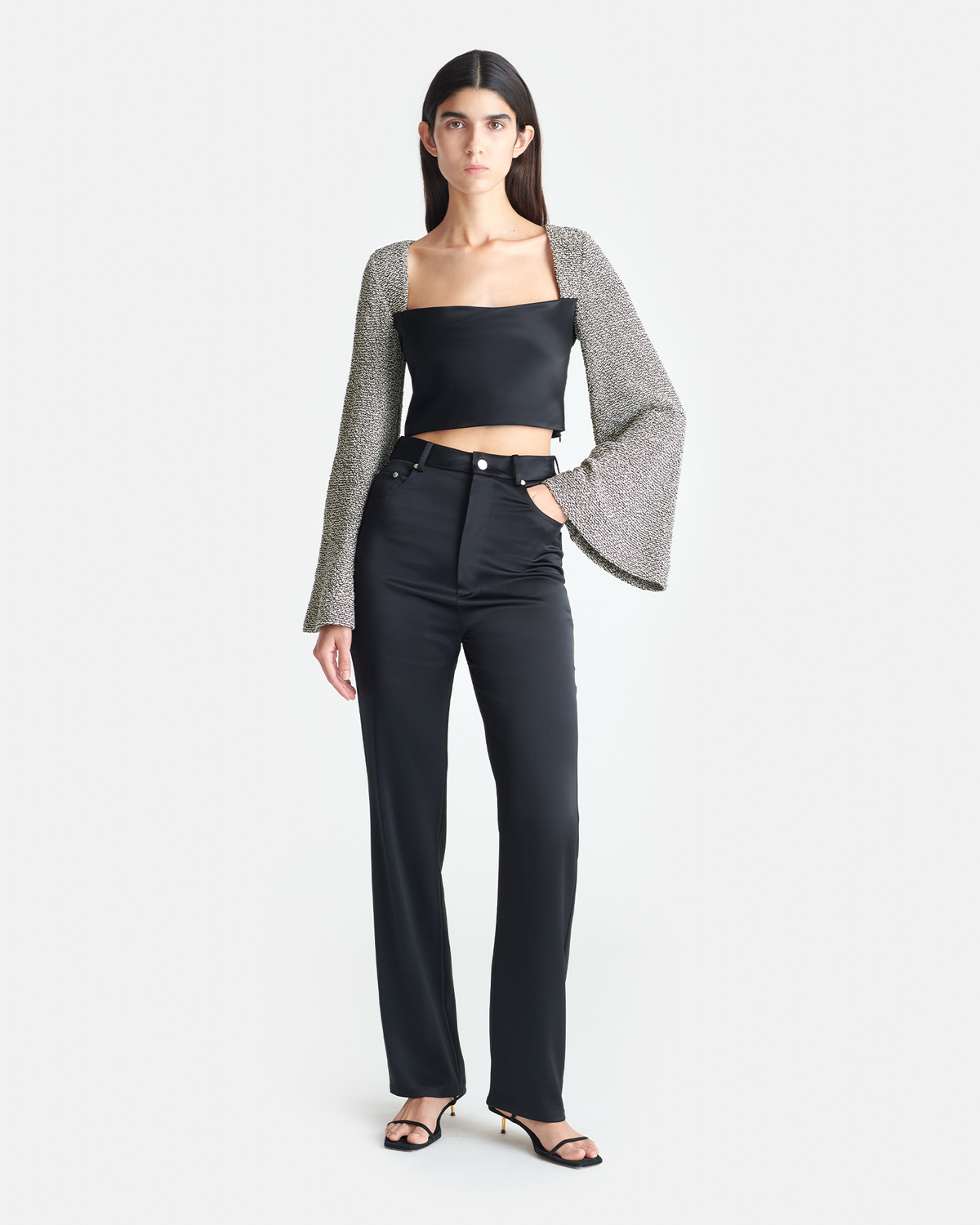 Tasula Slip Satin and Loopback Cotton Top - Black/Mouline | Nanushka