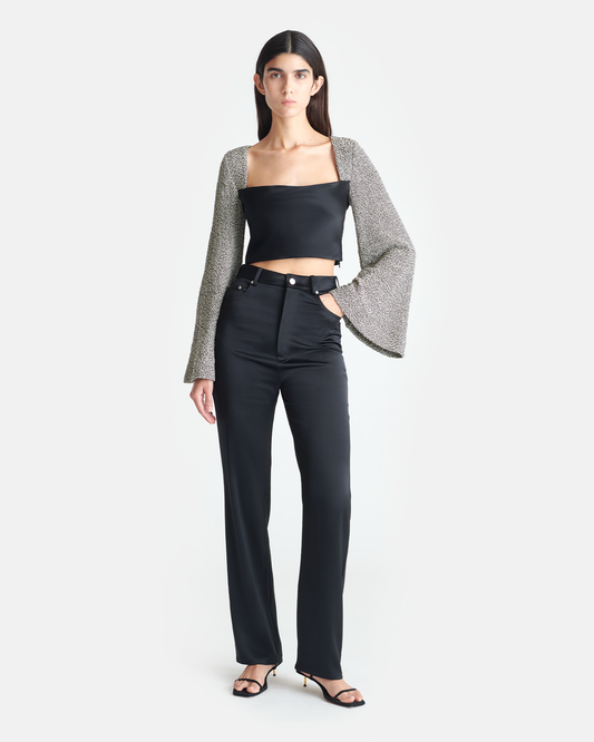 Tasula Slip Satin and Loopback Cotton Top - Black/Mouline | Nanushka