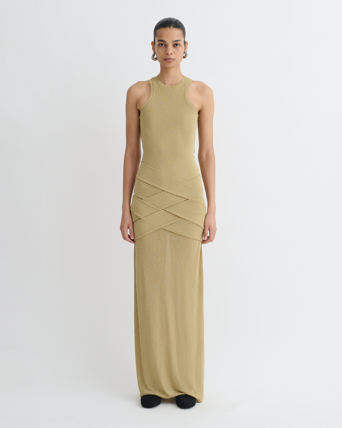 Arisa Draped Mesh Jersey Maxi Dress - Sand | Nanushka