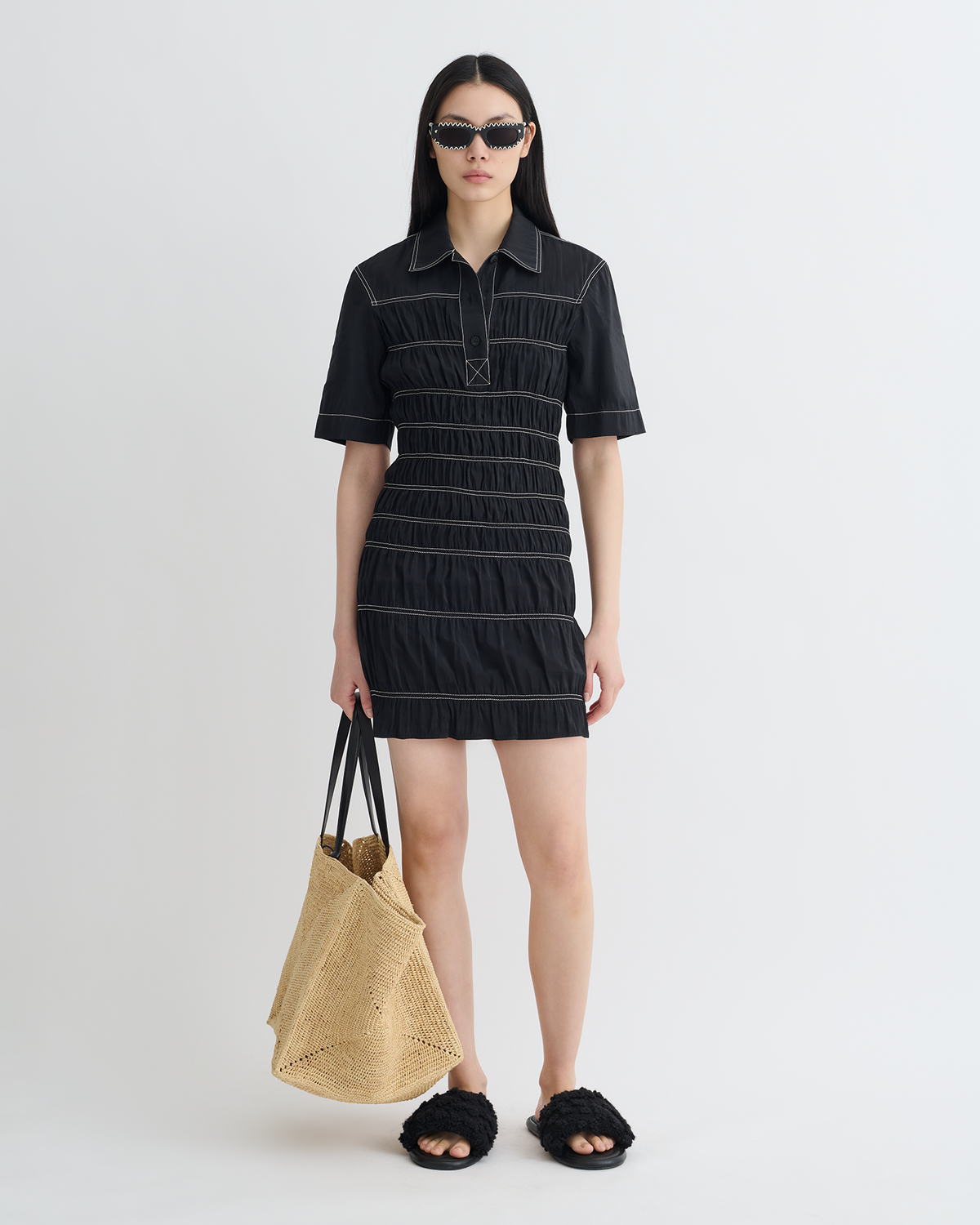 Nomia Smocked Glass Poplin Mini Dress - Black | Nanushka