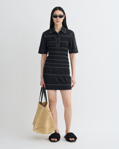 Nomia Smocked Glass Poplin Mini Dress - Black | Nanushka