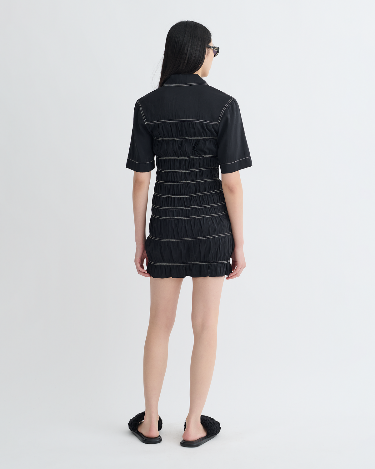 Nomia Smocked Glass Poplin Mini Dress - Black | Nanushka