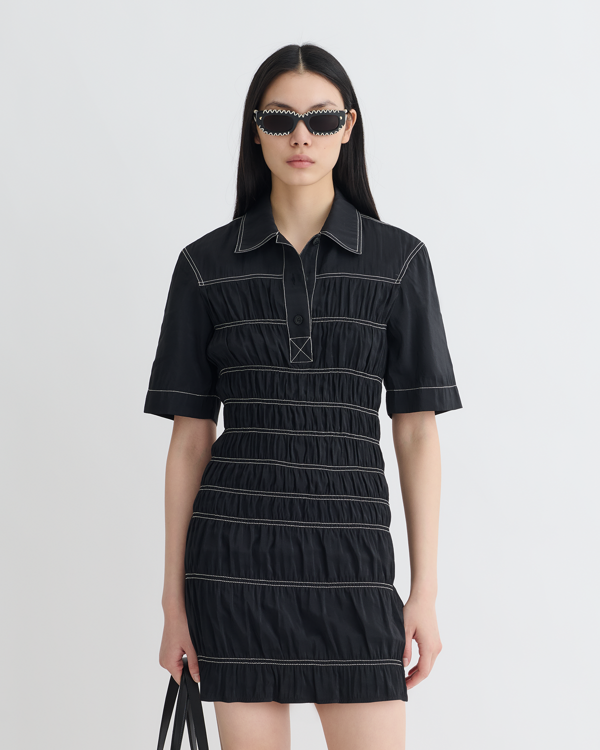 Nomia Smocked Glass Poplin Mini Dress - Black | Nanushka