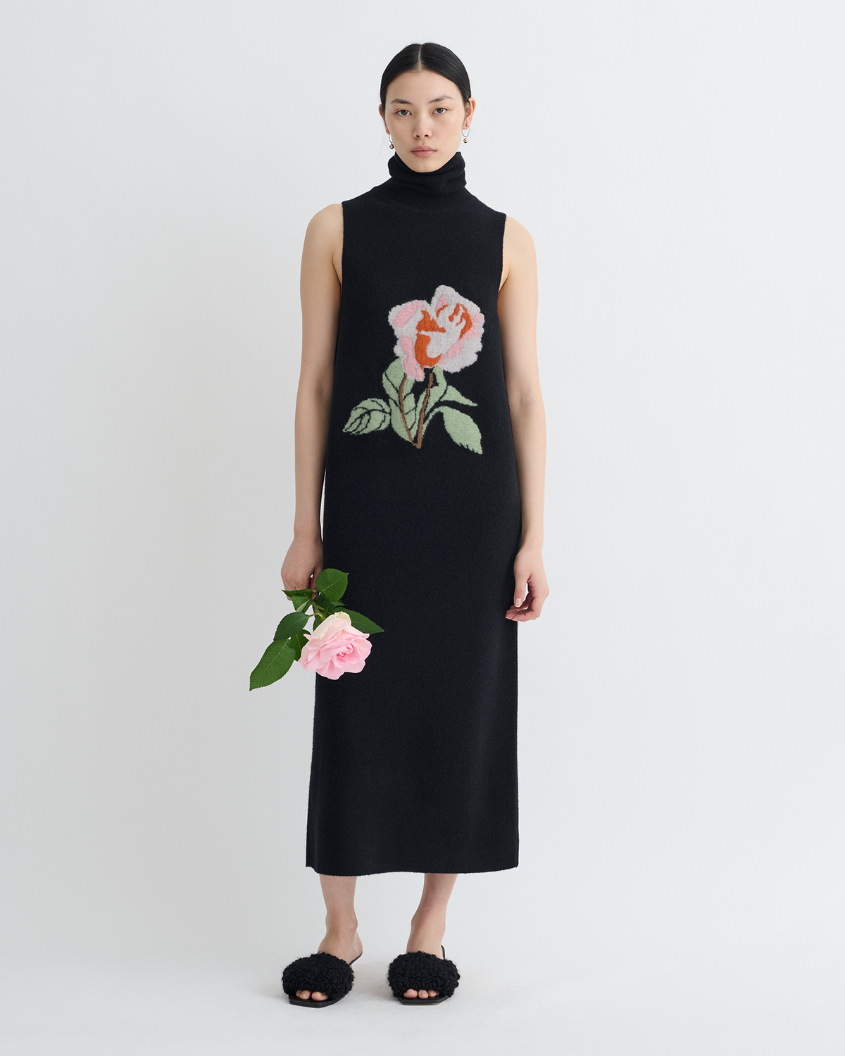 Jessam Merino Wool Turtleneck Dress - Black/Roses | Nanushka